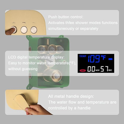 Temperature Display Brushed Gold Shower System Set, Push Button Shower Faucet with 12 inch Ceiling Mount Shower Head and 8 inch Wall Mount Shower Head, with Handheld Shower