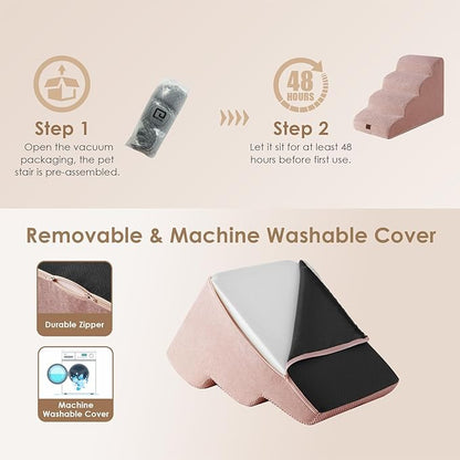 EHEYCIGA Curved Dog Stairs Ramp for High Beds 19.7" H, 4-Step Dog Steps for Small Dogs and Cats, Pet Stairs for High Bed Climbing, Non-Slip Balanced Pet Step Indoor, Dusty Pink