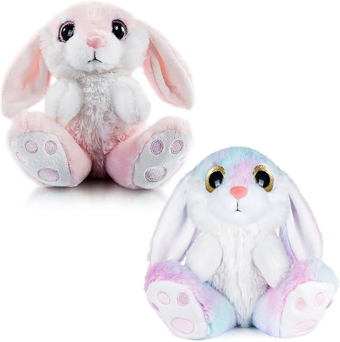 My OLi Bunny Stuffed Animal Pack of 2 Plush Rabbit 7in Stuffed Bunny with Floppy Ear Bedtime Friend Soft Toy Gifts for Girls Boys Kids, Pink &amp; Rainbow
