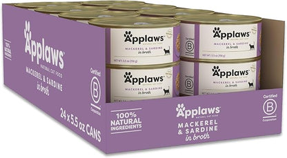 Applaws Natural Wet Cat Food in Broth, Limited Ingredient Canned Wet Cat Food, No Additives, Made with Natural Ingredients, Mackerel &amp; Sardine in Broth (24 x 5.5oz Cans)