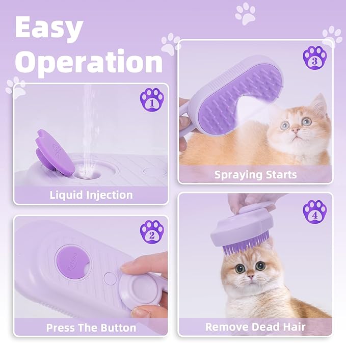 4-in-1 Rechargeable Anti-Dandruff Pet Steam Brush — brush for sheddingCats &amp; Dogs,pet hair removal tool. Integrating functions of massage,clean, hair grooming and anti-static (purple)