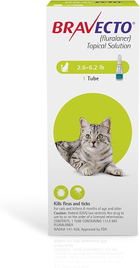 BRAVECTO Topical Solution for Cats, Flea &amp; Tick, 12 Week Supply, 2.6-6.2 lbs., Green Box