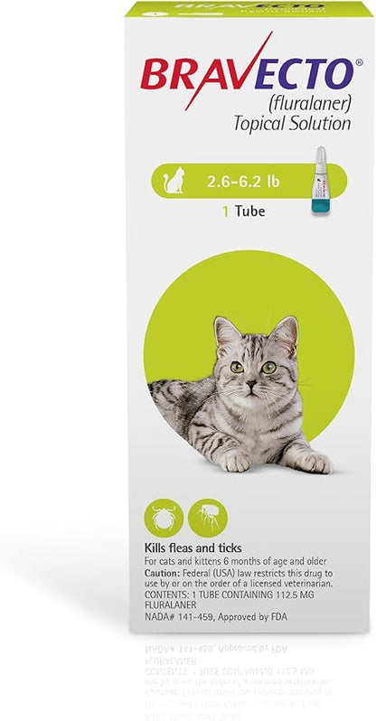 BRAVECTO Topical Solution for Cats, Flea &amp; Tick, 12 Week Supply, 2.6-6.2 lbs., Green Box