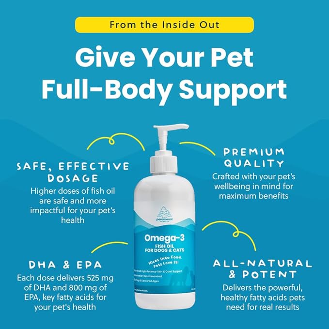 Wild-Caught Omega 3 Fish Oil for Dogs &amp; Cats, Liquid EPA DHA Supplement for Skin, Coat, Joints &amp; Heart, Low-Odor Omega 3 Drops for Small Dog Breeds &amp; Cats with Itchy Skin, 16 oz