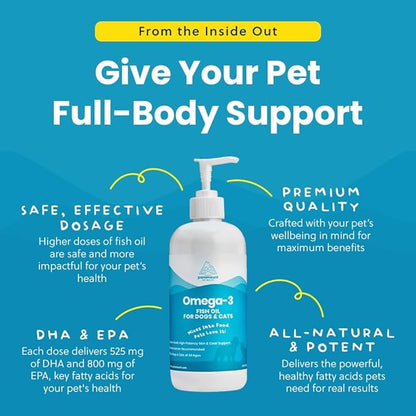 Wild-Caught Omega 3 Fish Oil for Dogs &amp; Cats, Liquid EPA DHA Supplement for Skin, Coat, Joints &amp; Heart, Low-Odor Omega 3 Drops for Small Dog Breeds &amp; Cats with Itchy Skin, 16 oz