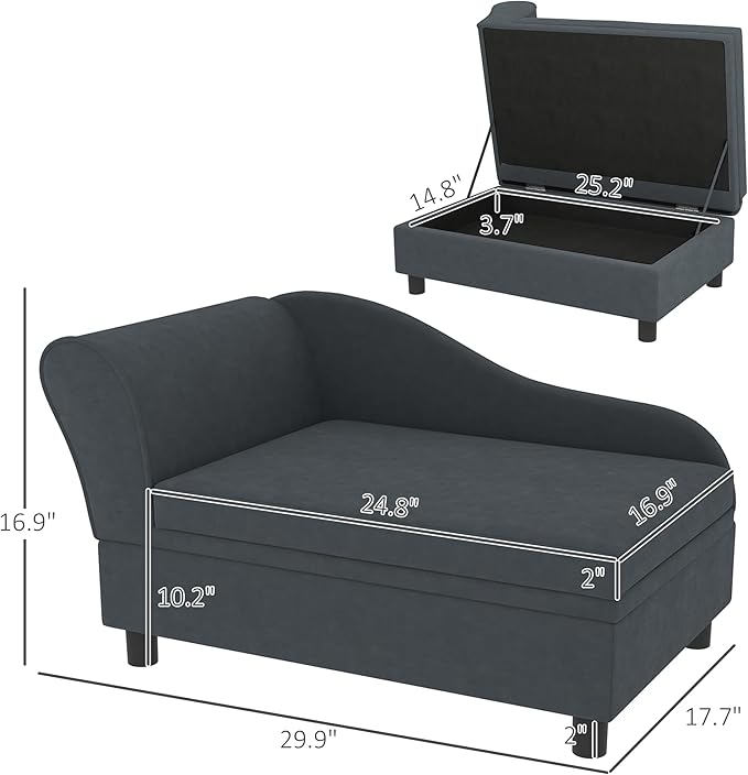 PawHut Luxury Fancy Dog Couch with Hidden Storage, Small Dog Sofa Bed with 2" Soft Foam, Modern Pet Furniture for Puppies &amp; Little Breeds, Dark Gray