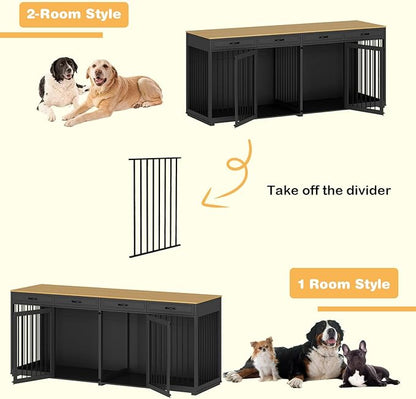 Extra Large Dog Crate with Double Rooms, 93" Heavy Duty Wooden Dog Cage Furniture Dog Crate Kennel w/Drawers &amp; Removable Divider,Indoor Luxury Dog House for Large Dogs,Black