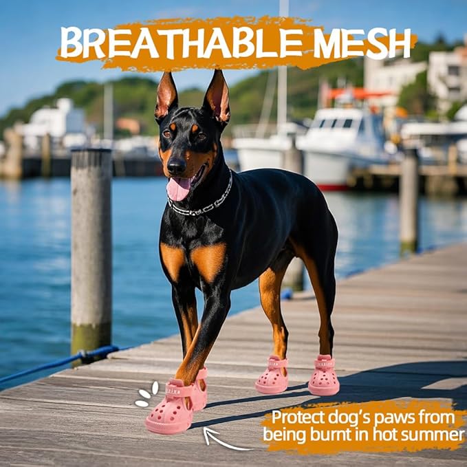 JZXOIVA Dog Shoes for Hot Pavement, Dog Booties for Large Dogs, Breathable Dog Boots &amp; Paw Protectors, Adjustable Non-Slip Dog Rain Booties, Waterproof Pets Sandals for Beach Pink Size 8