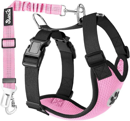Lukovee Dog Seat Belt for Car, Adjustable Dog Car Harness for Large Medium Small Dogs, Soft Padded &amp; Breathable Mesh Dog Seatbelt with Car Strap and Carabiner(Pink Double Clip,Medium)