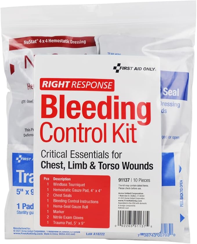 First Aid Only 91137 Critical Essentials Bleeding Control Kit for Chest, Limb &amp; Torso Wounds, 10 Pieces