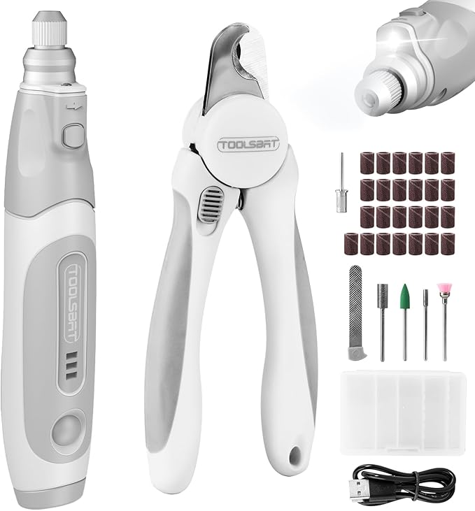 Dog Nail Grinder and Clippers - Upgraded 3-Speed Electric Rechargeable Pet Nail Trimmer with LED Light Super Quiet Paws Grooming Kit Painless Grinding Tool for Large Medium Small Dogs &amp; Cats