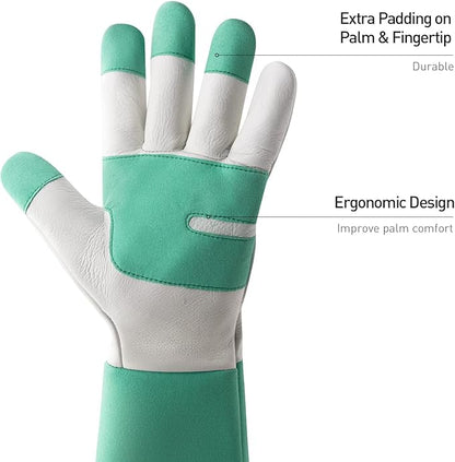 HANDLANDY Long Gardening Gloves for Men &amp; Women, Thorn Proof Rose Pruning Gloves Leather Gauntlets Garden Glove Yard Work Glove (XS, Green)