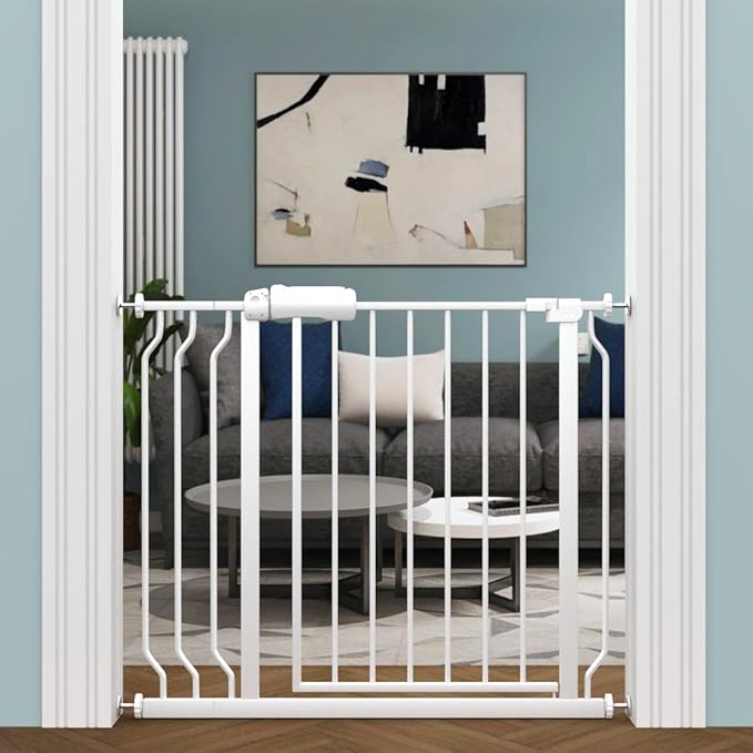 ALLAIBB Extra Wide Pressure Mounted Baby Gate Walk Through Child Kids Safety Toddler Tension White Long Large Pet Dog Gates with Extension for doorways Kitchen (33.86-38.58"/86-98cm)