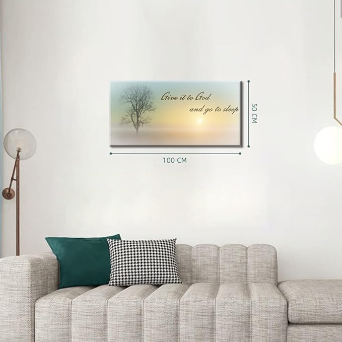Lasdel Canvas Wall Art of Misty Sunset &amp; Tree Plant Picture For Bedroom Home Above Bed, White Country Wood Sign For Bathroom, Give It To God &amp; Go to Sleep Artwork Decor, Inner Frame 20x40 Inches
