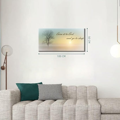 Lasdel Canvas Wall Art of Misty Sunset &amp; Tree Plant Picture For Bedroom Home Above Bed, White Country Wood Sign For Bathroom, Give It To God &amp; Go to Sleep Artwork Decor, Inner Frame 20x40 Inches