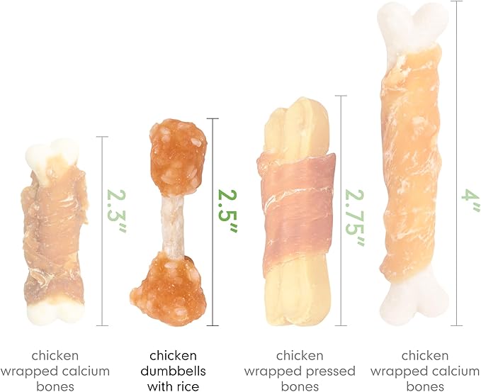 MON2SUN Dog Treats, 9oz Mini Rawhide Chews, Chicken Dumbbells with Rice for Small Dogs &amp; Toy Breed, Crunchy and Healthy (2.5 Inch 17 Count)