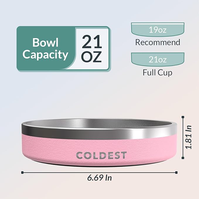 Coldest Dog Bowl - Anti Rust Metal, Non Slip, 3 Layers Insulated Stainless Steel Dog Bowls - Spill Proof &amp; Heavy Duty - Water Bowl for Dogs, Cats &amp; Pets, Dish Washer Safe (21 oz,Cotton Candy Pink)