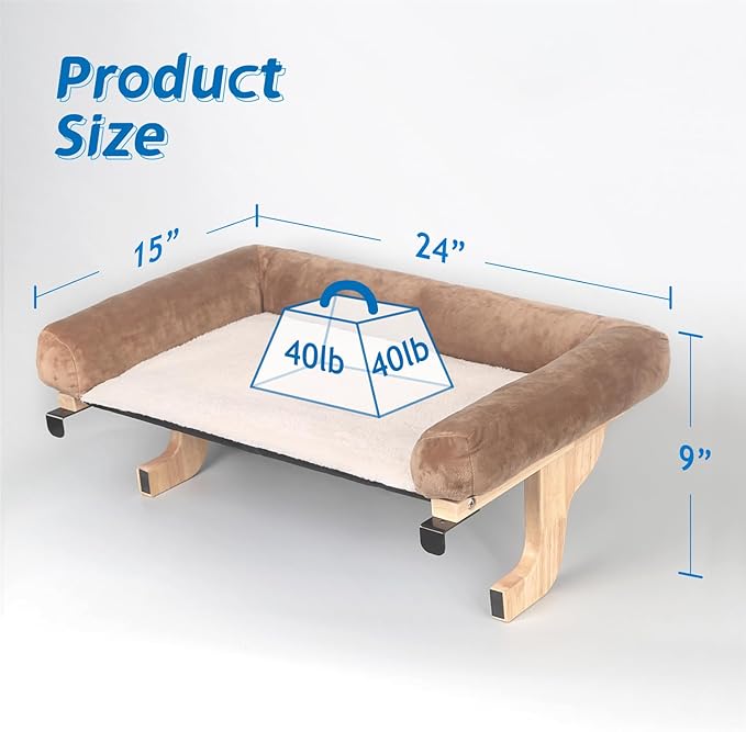 Cat Perch for Window Sill with Bolster - Orthopedic Hammock Design with Premium Hardwood &amp; Robust Metal Frame - Cat Window Seat for Large Cats and Kittens - Natural Color Wood with Brown Bed
