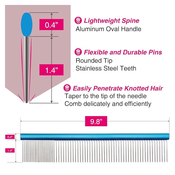 Greyhound Oval Grooming Comb – Aluminum handle, Stainless Steel Teeth Comb for Long-Haired Dogs &amp; Cats, Removes Mats, Tangles, and Loose Fur – Lightweight for Deshedding (Silver/Blue, 9.8")