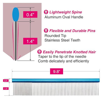 Greyhound Oval Grooming Comb – Aluminum handle, Stainless Steel Teeth Comb for Long-Haired Dogs &amp; Cats, Removes Mats, Tangles, and Loose Fur – Lightweight for Deshedding (Silver/Blue, 9.8")