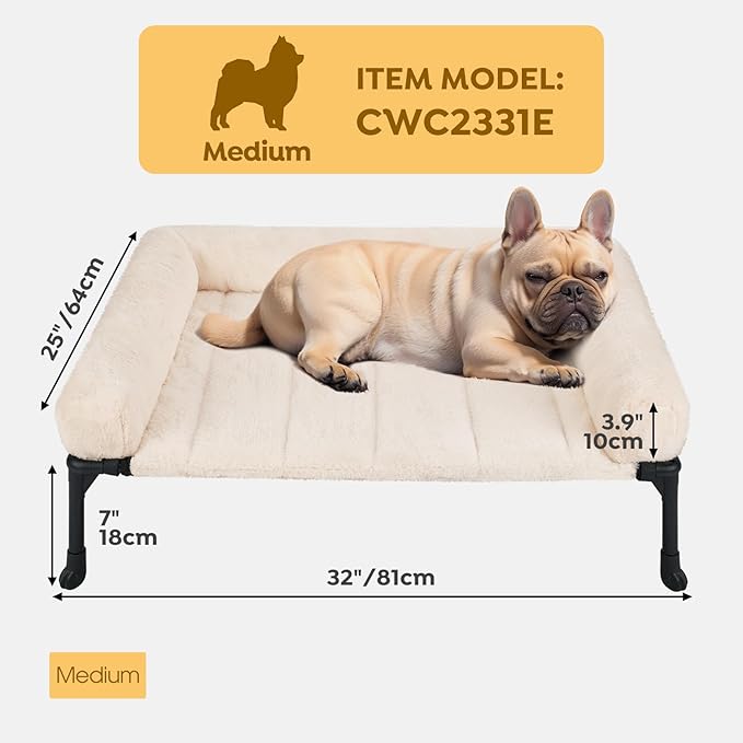 Veehoo Cooling Elevated Dog Bed + Removable Fluffy Pillow-Top Mat, Plush Dog Bed with Bolster, Breathable Mesh, No-Slip Feet, Portable Raised Dog Bed for Indoor &amp; Outdoor, 32"x25", Medium, CWC2331E