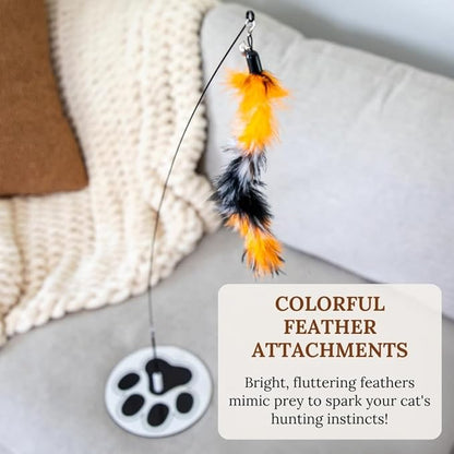 Cat Wand Toy with Round Base – Interactive Feather &amp; Glow-in-The-Dark Octopus Attachments – Suction Cup Cat Toy for Indoor Cats &amp; Kittens