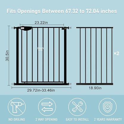 WAOWAO Triple Lock Baby Gate Extra Wide 67.32-72.04" Pressure Mounted Walk Through Swing Auto Close Safety Black Metal Dog Pet Puppy Cat for Stairs,Doorways,Kitchen
