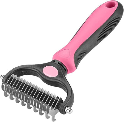 Pet Grooming Tool - 2 Sided Undercoat Rake for Cats and Dogs - Safe Dematting Comb for Easy Mats &amp; Tangles Removing - No More Nasty Shedding and Flying Hair