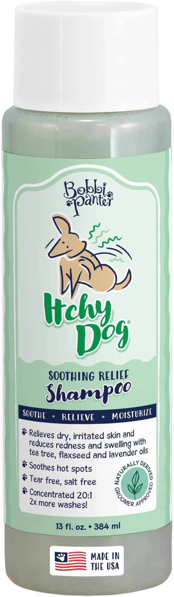 Bobbi Panter Dog Shampoo - Made in USA - All Natural Formula for Itch Relief &amp; Soothing Skins, Concentrated 16:1 for Professional Groomers - Green Apple Scent, 13 Oz