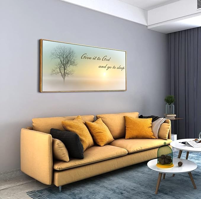 Lasdel Natural Extra Framed Canvas Wall Art of Misty Sunset &amp; Tree Plant Picture For Bedroom Home Above Bed,White Country Wood Sign For Bathroom,Give It To God &amp; Go to Sleep Artwork Decor,30x60