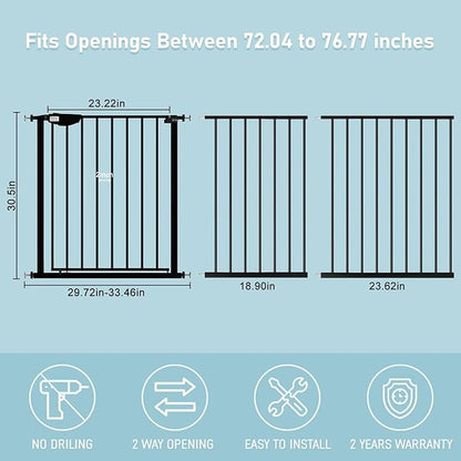 WAOWAO Triple Lock Baby Gate Extra Wide 72.04-76.77" Pressure Mounted Walk Through Swing Auto Close Safety Black Metal Dog Pet Puppy Cat for Stairs,Doorways,Kitchen