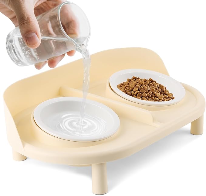 Elevated Cat Bowls, Tilted Rised Cat Food and Water Bowl with 2 Pcs Ceramic Pet Bowls, Rised Stand, Pet Dish Anti Vomiting Feeding Station for All Sized Cats &amp; Small Dogs (Milk Coffee)