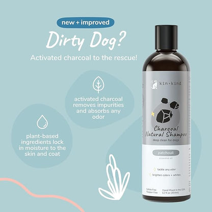 kin+kind Dog Shampoo - Deep Clean, Dirt &amp; Odor Remover w/Activated Charcoal for Dogs, Gentle Formula w/Natural Aloe, Olive Oil &amp; Coconut Oil, Pet Hair Care &amp; Grooming Products, Patchouli, 12 fl oz