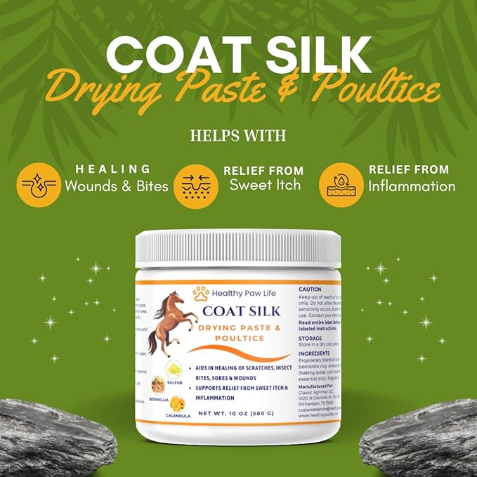 Coat Silk Drying Paste &amp; Poultice for Horses – Natural Relief for Wounds, Scratches, Sores &amp; Sweet Itch – Enriched with Sulfur, Boswellia &amp; Calendula – 10 oz