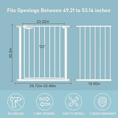 WAOWAO Triple Lock Baby Gate Extra Wide 49.21-53.14" Pressure Mounted Walk Through Swing Auto Close Safety White Metal Dog Pet Puppy for Stairs,Doorways,Kitchen