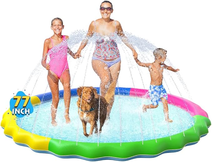VISTOP Non-Slip Splash Pad for Kids, Thicken Sprinkler Pool Summer Outdoor Water Toys - Fun Backyard Fountain Play Mat for Baby Girls Boys Children or Pet Dog (77 inch, Red&amp;Yellow&amp;Green&amp;Blue)