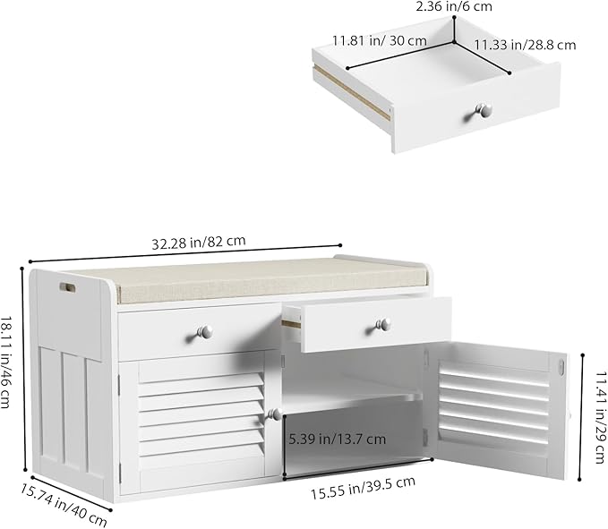 Shoe Storage Bench with 2 Drawers &amp; 2 Doors, Entryway Bench with Cushion, 2 Adjustable Shelves, Shoe Cabinet for Entryway, Living Room, Hallway, Mudroom, Bedroom, White