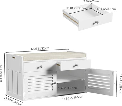 Shoe Storage Bench with 2 Drawers &amp; 2 Doors, Entryway Bench with Cushion, 2 Adjustable Shelves, Shoe Cabinet for Entryway, Living Room, Hallway, Mudroom, Bedroom, White