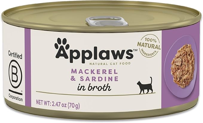 Applaws Natural Wet Cat Food in Broth, Limited Ingredient Canned Wet Cat Food, No Additives, Made with Natural Ingredients, Mackerel &amp; Sardine in Broth (24 x 2.47oz Cans)
