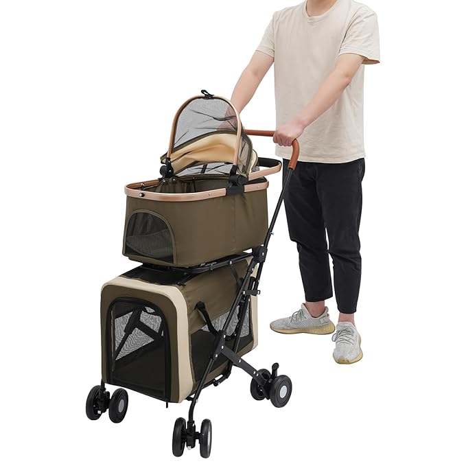 2-Layers Pet Stroller for 2 Cats/Dogs,Foldable Lightweight 77lbs Capacity Carrier, 4 Wheels, Removable Basket &amp; Storage Pocket,for Small Pets (Green)