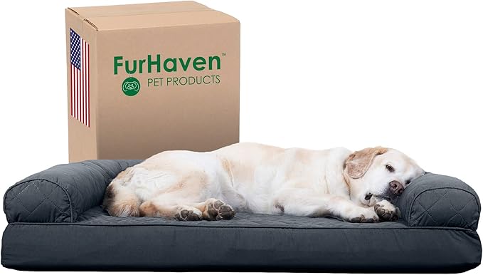 Furhaven Cooling Gel Dog Bed for Large Dogs w/ Removable Bolsters &amp; Washable Cover, For Dogs Up to 95 lbs - Quilted Sofa - Iron Gray, Jumbo/XL