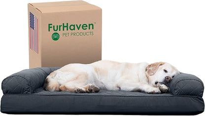 Furhaven Cooling Gel Dog Bed for Large Dogs w/ Removable Bolsters &amp; Washable Cover, For Dogs Up to 95 lbs - Quilted Sofa - Iron Gray, Jumbo/XL
