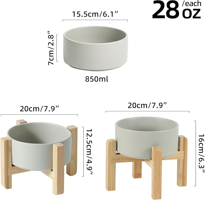 Ceramic Raised Dog and Cat Bowl Set, 2 Heights Elevated Stand, Food and Water Bowl for Small Breed Dogs, Weighted Dog Dishes, Pet Bowl(6.1&