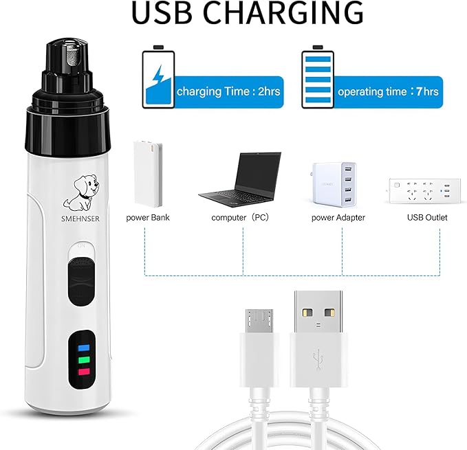 Electric Dog Nail Grinder - USB Rechargeable Electric Nail Trimmer with 3 Diamond Grinding Heads for Small to Large Dogs &amp; Cats