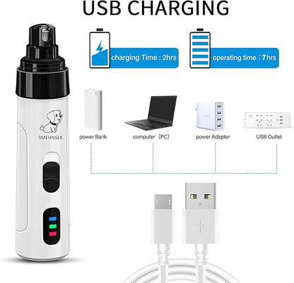 Electric Dog Nail Grinder - USB Rechargeable Electric Nail Trimmer with 3 Diamond Grinding Heads for Small to Large Dogs &amp; Cats