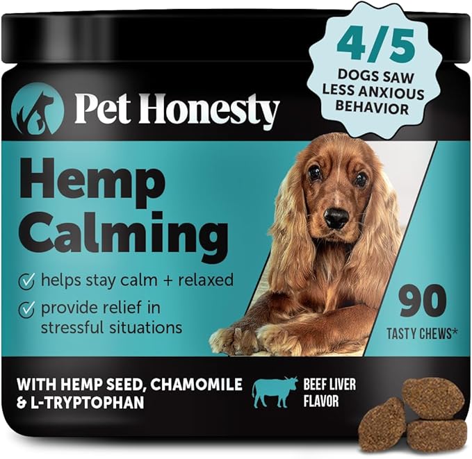 Natural Hemp Calming Chews for Dogs - Dog Anxiety Relief - Calming Aid Supplement with Valerian Root, Chamomile, + Magnesium - Stress, Separation &amp; Thunder Support - (Beef Liver, 90 Count)