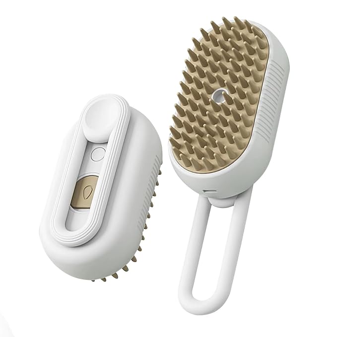 Rechargeable Steam Pet Brush – Grooming &amp; Deshedding Tool With Adjustable Handle | Cordless &amp; Quiet (White)