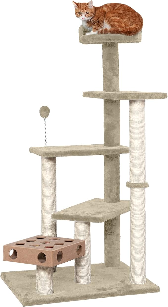 Furhaven 49.5" Tall Cat Tree for Indoor Cats, Ft. Sisal Scratching Posts, Plush Ball Toy, &amp; Busy Box Toy - Tiger Tough Play Stairs Interactive Playground Tower - Cream, One Size
