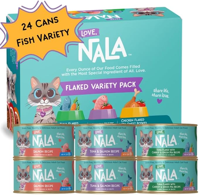LOVE, NALA - FLAKED Fish Variety Pack - 24 Pack - Natural Adult Cat Wet Food - Grain Free, Non-GMO, Lean Protein, Omega 3, Added Minerals &amp; Vitamins