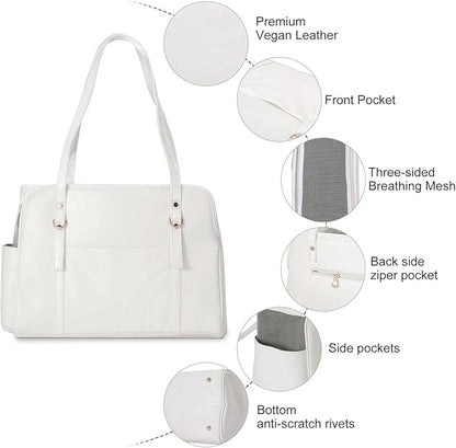 Dog Carrier Purse, Fashion Leather Pet Carrier with Pockets, Airline Approved Soft Sided Dog Carrying Bag for Puppy Cat Dog White